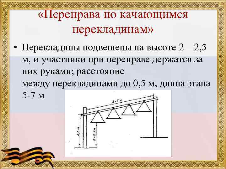  «Переправа по качающимся перекладинам» • Перекладины подвешены на высоте 2— 2, 5 м,