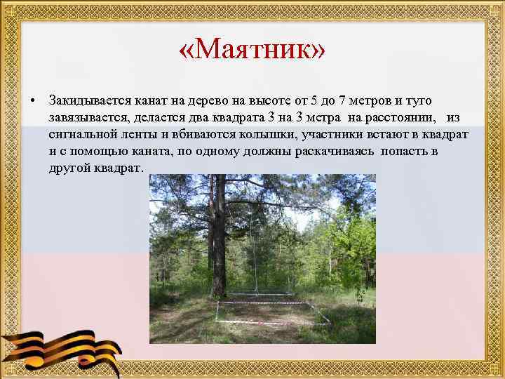      «Маятник»  • Закидывается канат на дерево на высоте