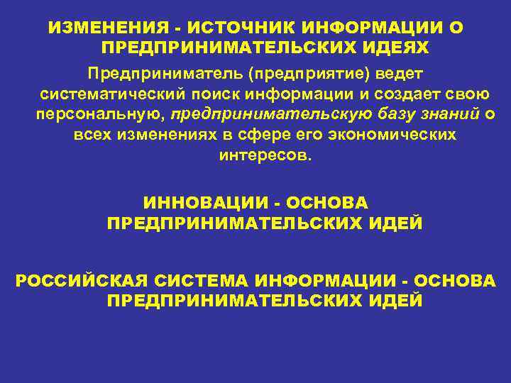 ИЗМЕНЕНИЯ - ИСТОЧНИК ИНФОРМАЦИИ О ПРЕДПРИНИМАТЕЛЬСКИХ ИДЕЯХ Предприниматель (предприятие) ведет систематический поиск информации и