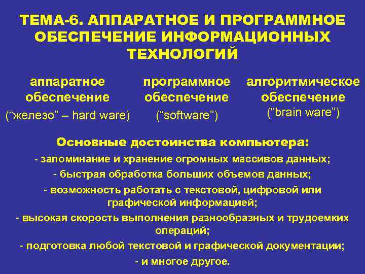 ТЕМА-6. АППАРАТНОЕ И ПРОГРАММНОЕ ОБЕСПЕЧЕНИЕ ИНФОРМАЦИОННЫХ ТЕХНОЛОГИЙ аппаратное обеспечение программное обеспечение алгоритмическое обеспечение (“железо”