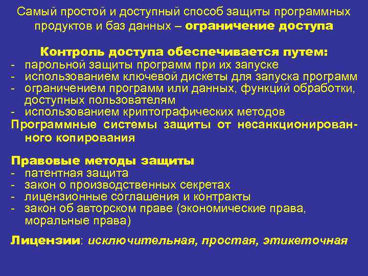 Самый простой и доступный способ защиты программных продуктов и баз данных – ограничение доступа