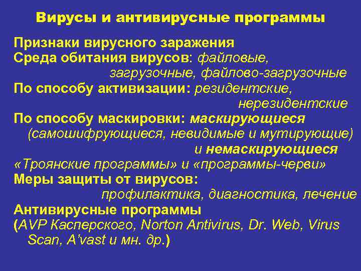 Вирусы и антивирусные программы Признаки вирусного заражения Среда обитания вирусов: файловые, загрузочные, файлово-загрузочные По