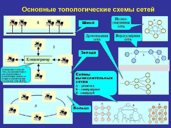 Основные топологические схемы сетей Шина Полносвязанная сеть Древовидная сеть Звезда Элeктpoннoe уcтpoйcтвo, предназначенное для