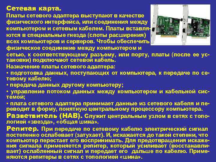 Сетевая карта. Платы сетевого адаптера выступают в качестве физического интерфейса, или соединения между компьютером