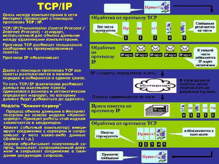 TCP/IP Связь между компьютерами в сети Интернет происходит с помощью протокола TCP / IP.