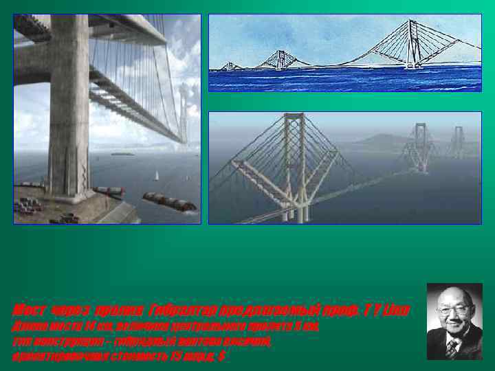 Мост через пролив Гибралтар предлагаемый проф. T Y Linn Длина моста 14 км, величина