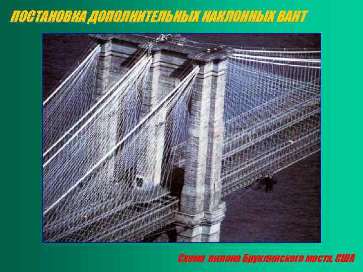 ПОСТАНОВКА ДОПОЛНИТЕЛЬНЫХ НАКЛОННЫХ ВАНТ Схема пилона Бруклинского моста, США 