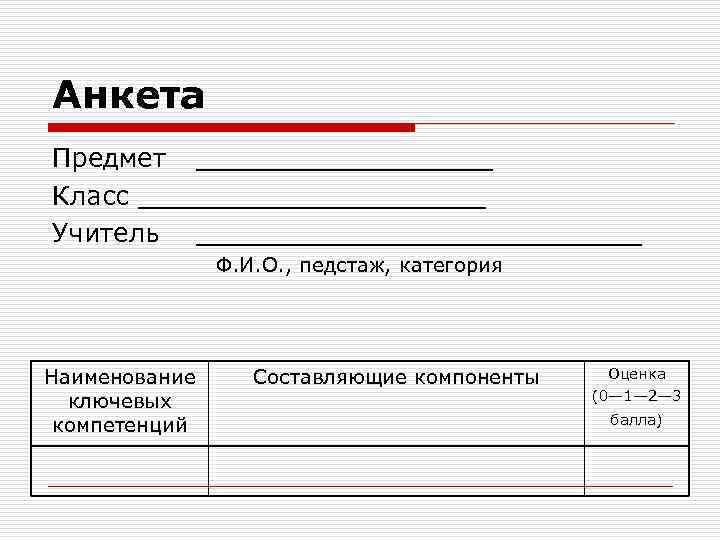 Анкета Предмет _________ Класс ___________ Учитель ______________ Ф. И. О. , педстаж, категория Наименование