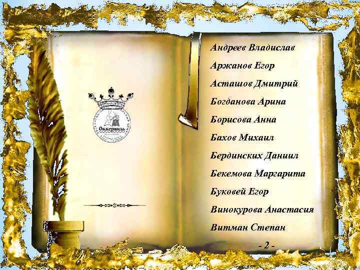 Андреев Владислав Аржанов Егор Асташов Дмитрий Богданова Арина Борисова Анна Бахов Михаил Бердинских Даниил