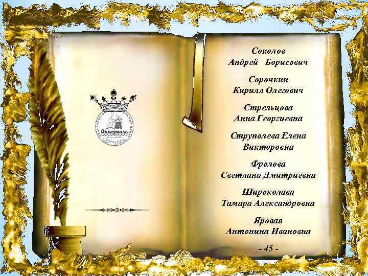 Соколов Андрей Борисович Сорочкин Кирилл Олегович Стрельцова Анна Георгиевна Струполева Елена Викторовна Фролова Светлана