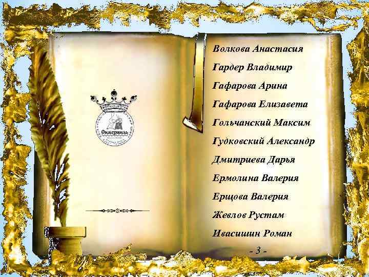 Волкова Анастасия Гардер Владимир Гафарова Арина Гафарова Елизавета Гольчанский Максим Гудковский Александр Дмитриева Дарья