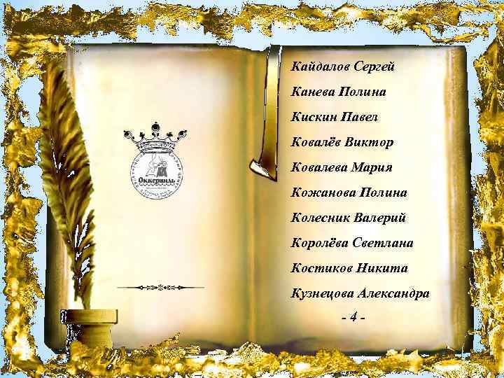 Кайдалов Сергей Канева Полина Кискин Павел Ковалёв Виктор Ковалева Мария Кожанова Полина Колесник Валерий