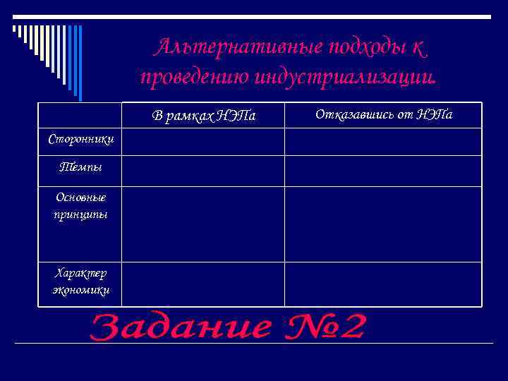 Альтернативные подходы к проведению индустриализации. В рамках НЭПа Сторонники Темпы Основные принципы Характер экономики