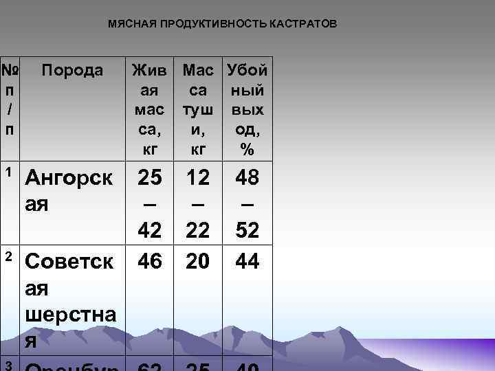 МЯСНАЯ ПРОДУКТИВНОСТЬ КАСТРАТОВ № п / п Порода 1 Ангорск ая 2 Советск ая