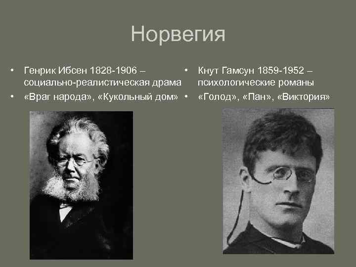 Норвегия • Генрик Ибсен 1828 -1906 – • Кнут Гамсун 1859 -1952 – социально-реалистическая