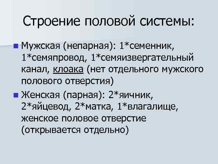 Строение половой системы: n Мужская (непарная): 1*семенник, 1*семяпровод, 1*семяизвергательный канал, клоака (нет отдельного мужского