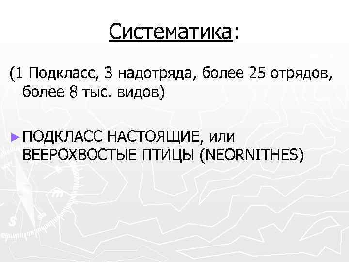 Систематика: (1 Подкласс, 3 надотряда, более 25 отрядов, более 8 тыс. видов) ► ПОДКЛАСС