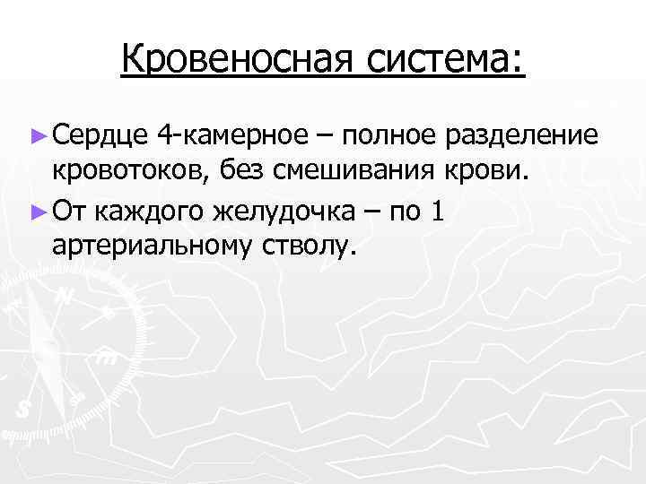 Кровеносная система: ► Сердце 4 -камерное – полное разделение кровотоков, без смешивания крови. ►