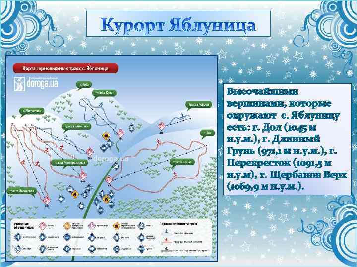 Высочайшими вершинами, которые окружают с. Яблуницу есть: г. Дол (1045 м н. у. м.