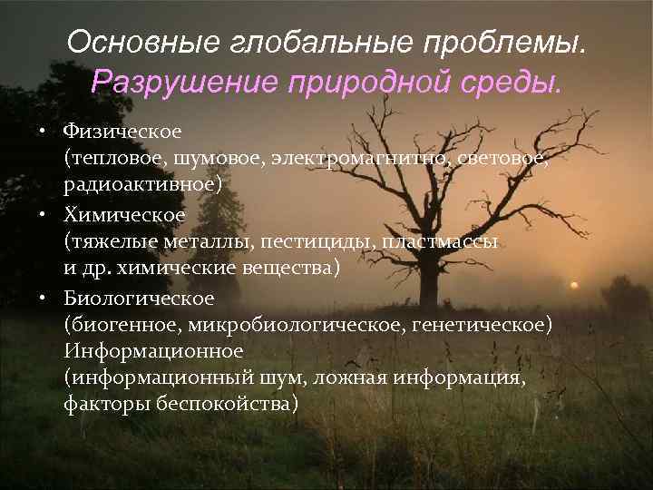 Основные глобальные проблемы. Разрушение природной среды. • Физическое (тепловое, шумовое, электромагнитно, световое, радиоактивное) •