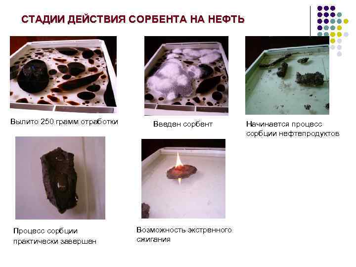 СТАДИИ ДЕЙСТВИЯ СОРБЕНТА НА НЕФТЬ Вылито 250 грамм отработки Процесс сорбции практически завершен Введен
