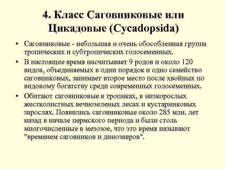 4. Класс Саговниковые или Цикадовые (Cycadopsida) • Саговниковые - небольшая и очень обособленная группа