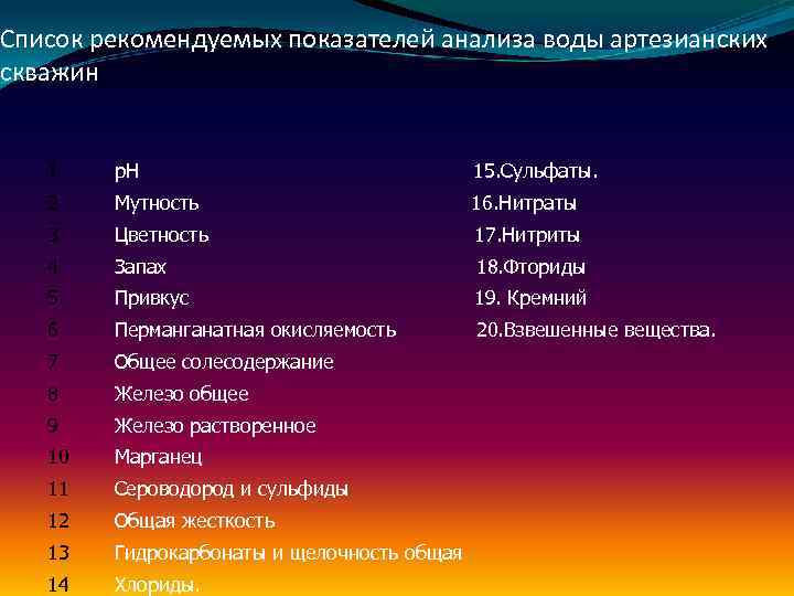 Список рекомендуемых показателей анализа воды артезианских скважин 1 p. Н 15. Сульфаты. 2 Мутность