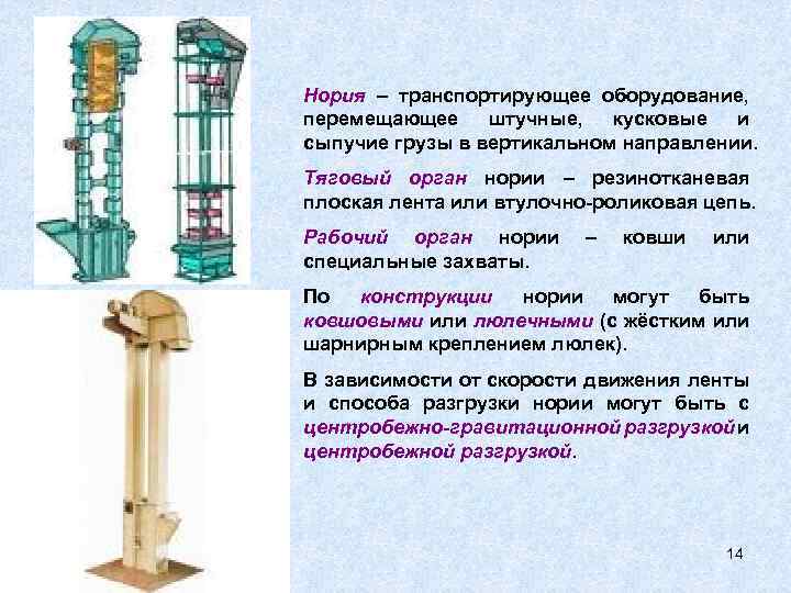 Нория – транспортирующее оборудование, перемещающее штучные, кусковые и сыпучие грузы в вертикальном направлении. Тяговый