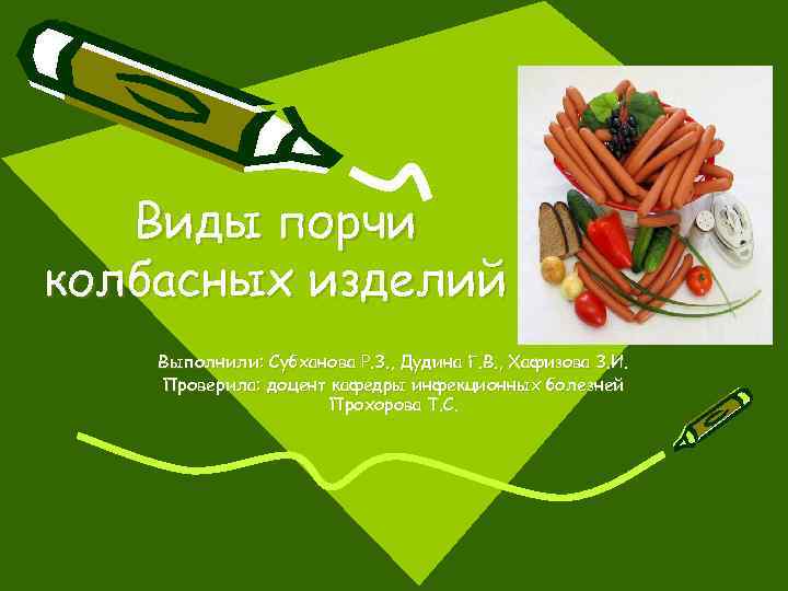 Виды порчи колбасных изделий Выполнили: Субханова Р. З. , Дудина Г. В. , Хафизова