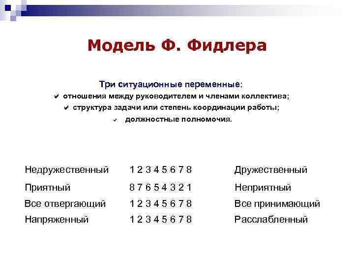 Модель Ф. Фидлера Три ситуационные переменные: отношения между руководителем и членами коллектива; структура задачи
