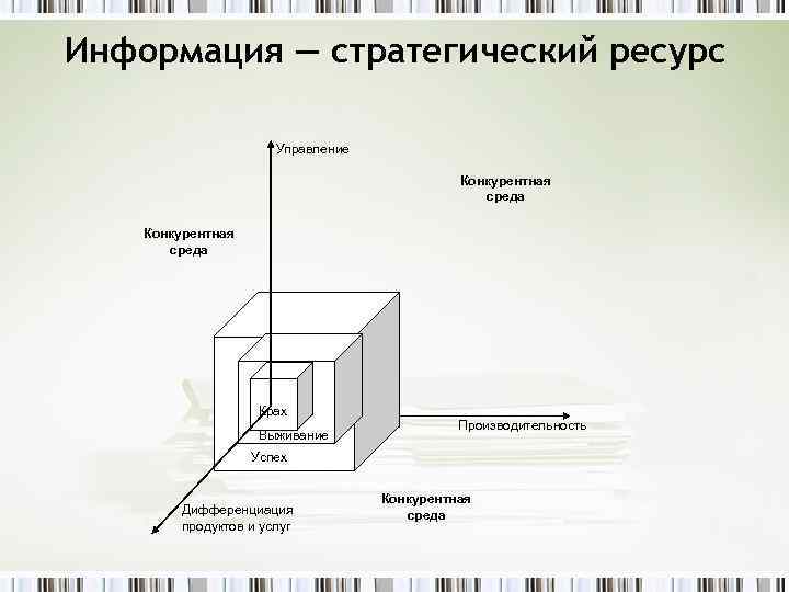 Информация — стратегический ресурс Управление Конкурентная среда Крах Выживание Производительность Успех Дифференциация продуктов и