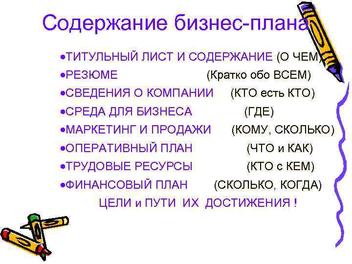 Содержание бизнес-плана ·ТИТУЛЬНЫЙ ЛИСТ И СОДЕРЖАНИЕ (О ЧЕМ) ·РЕЗЮМЕ (Кратко обо ВСЕМ) ·СВЕДЕНИЯ О