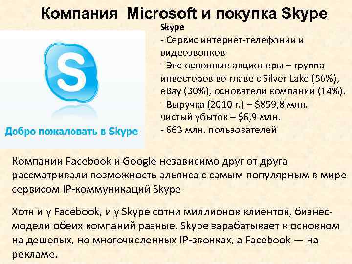 Компания Microsoft и покупка Skype - Сервис интернет-телефонии и видеозвонков - Экс-основные акционеры –
