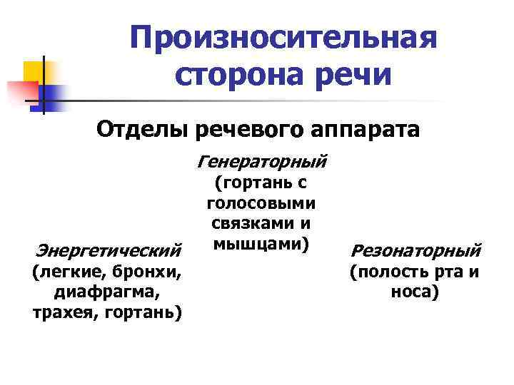 Произносительная сторона речи Отделы речевого аппарата Генераторный Энергетический (легкие, бронхи, диафрагма, трахея, гортань) (гортань