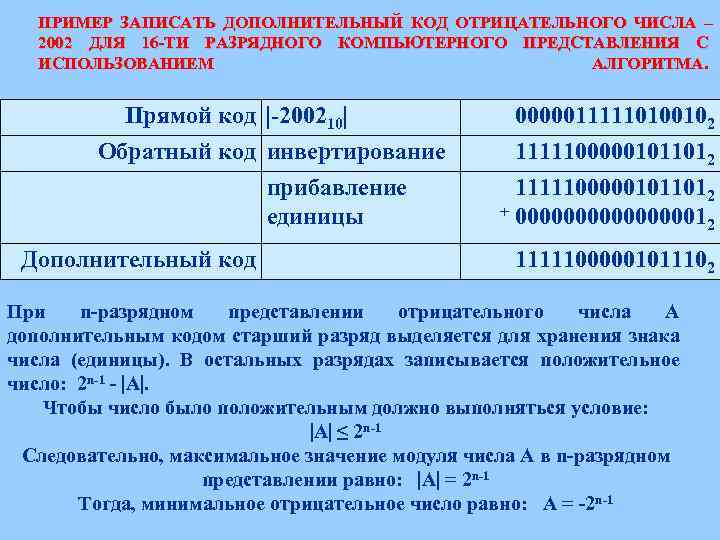 ПРИМЕР ЗАПИСАТЬ ДОПОЛНИТЕЛЬНЫЙ КОД ОТРИЦАТЕЛЬНОГО ЧИСЛА – 2002 ДЛЯ 16 -ТИ РАЗРЯДНОГО КОМПЬЮТЕРНОГО ПРЕДСТАВЛЕНИЯ