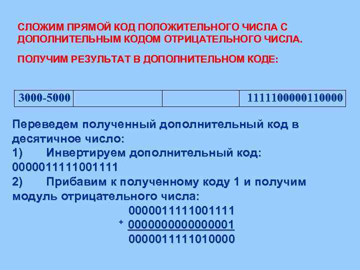 СЛОЖИМ ПРЯМОЙ КОД ПОЛОЖИТЕЛЬНОГО ЧИСЛА С ДОПОЛНИТЕЛЬНЫМ КОДОМ ОТРИЦАТЕЛЬНОГО ЧИСЛА. ПОЛУЧИМ РЕЗУЛЬТАТ В ДОПОЛНИТЕЛЬНОМ