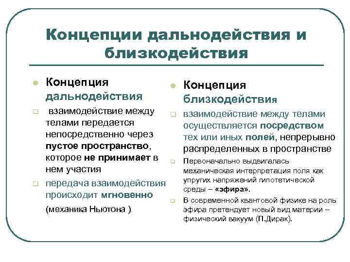  Концепции дальнодействия и близкодействия l Концепция l Концепция дальнодействия близкодействия q взаимодействие между