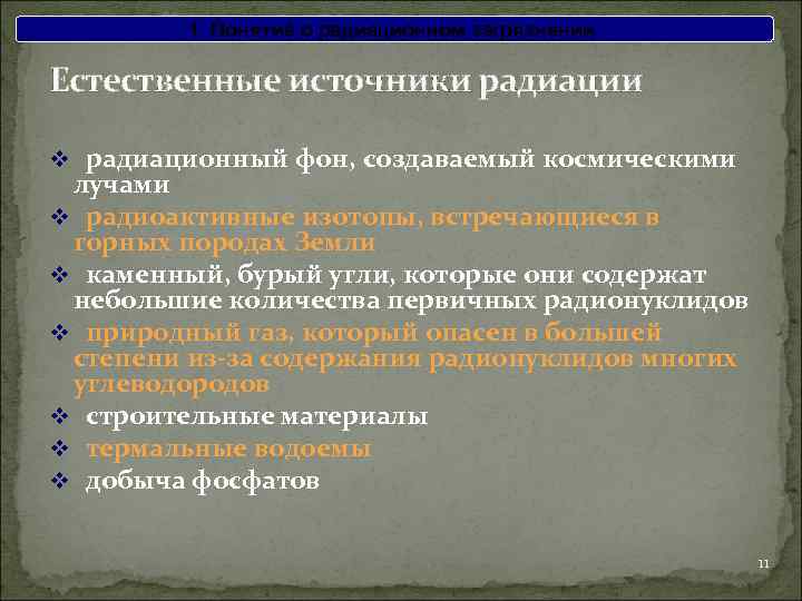 1. Понятие о радиационном загрязнении Естественные источники радиации v радиационный фон, создаваемый космическими лучами