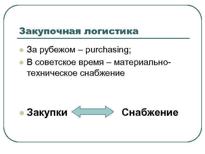 Закупочная логистика l За рубежом – purchasing; В советское время – материальнотехническое снабжение l