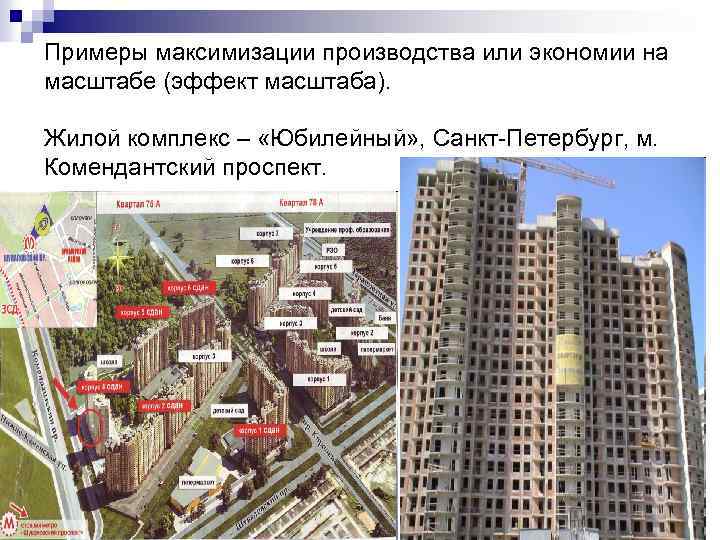 Примеры максимизации производства или экономии на масштабе (эффект масштаба). Жилой комплекс – «Юбилейный» ,