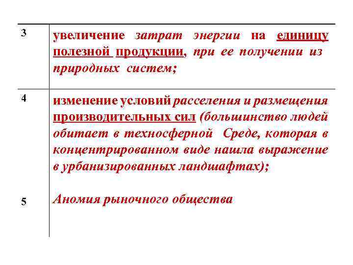 3 увеличение затрат энергии на единицу полезной продукции, при ее получении из природных систем;