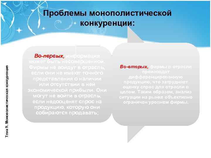 Тема 9. Монополистическая конкуренция Проблемы монополистической конкуренции: Во-первых, информация может быть несовершенной. Фирмы не