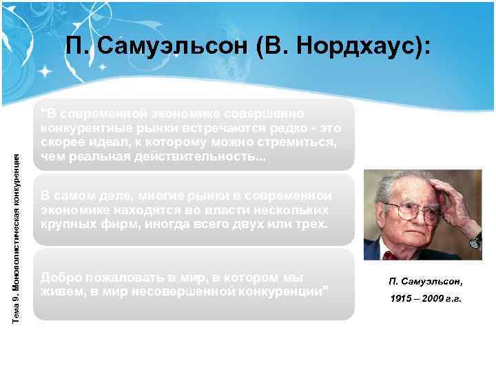 Тема 9. Монополистическая конкуренция П. Самуэльсон (В. Нордхаус): 