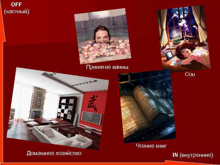 OFF (частный) Принятие ванны Сон Чтение книг Домашнее хозяйство IN (внутренние) 