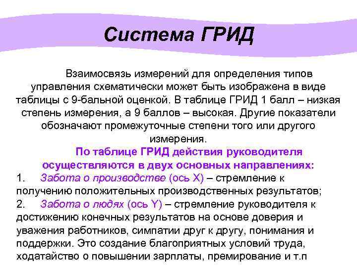 Система ГРИД Взаимосвязь измерений для определения типов управления схематически может быть изображена в виде