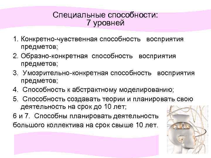Специальные способности: 7 уровней 1. Конкретно-чувственная способность восприятия предметов; 2. Образно-конкретная способность восприятия предметов;