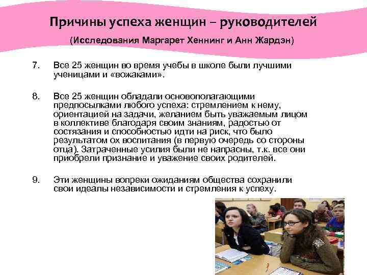  Причины успеха женщин – руководителей (Исследования Маргарет Хеннинг и Анн Жардэн) 7. Все