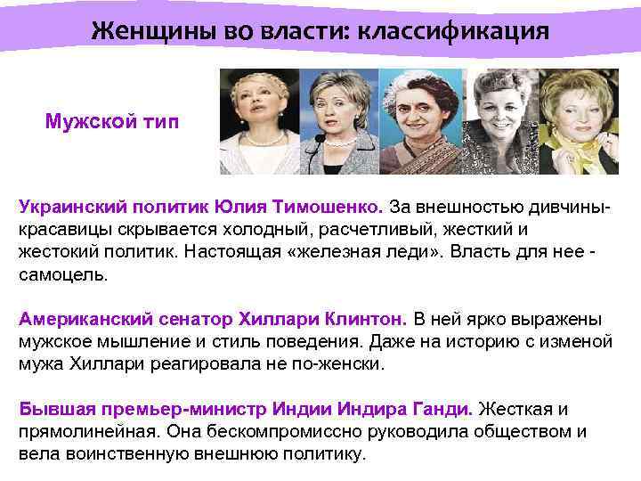  Женщины во власти: классификация Мужской тип Украинский политик Юлия Тимошенко. За внешностью дивчины-