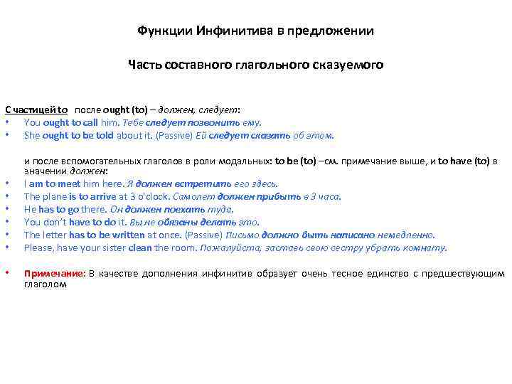 Функции Инфинитива в предложении Часть составного глагольного сказуемого С частицей to после ought (to)