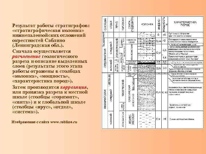 Результат работы стратиграфов: «стратиграфическая колонка» нижнепалеозойских отложений окрестностей Саблино (Ленинградская обл. ). Сначала осуществляется